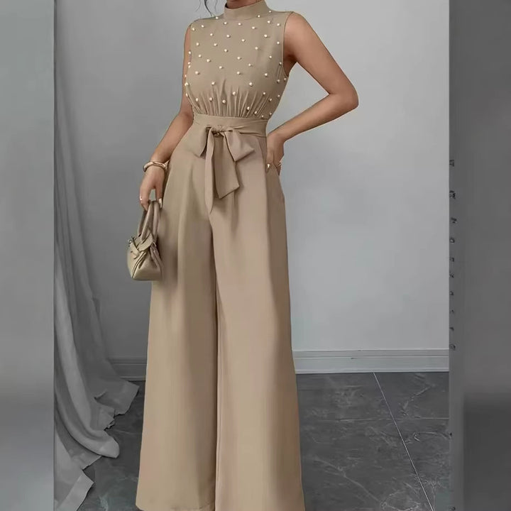 Women's Elegant Jumpsuit with Pearl Embellishment, Stand Collar and Wide Palazzo Leg Mune Fashion