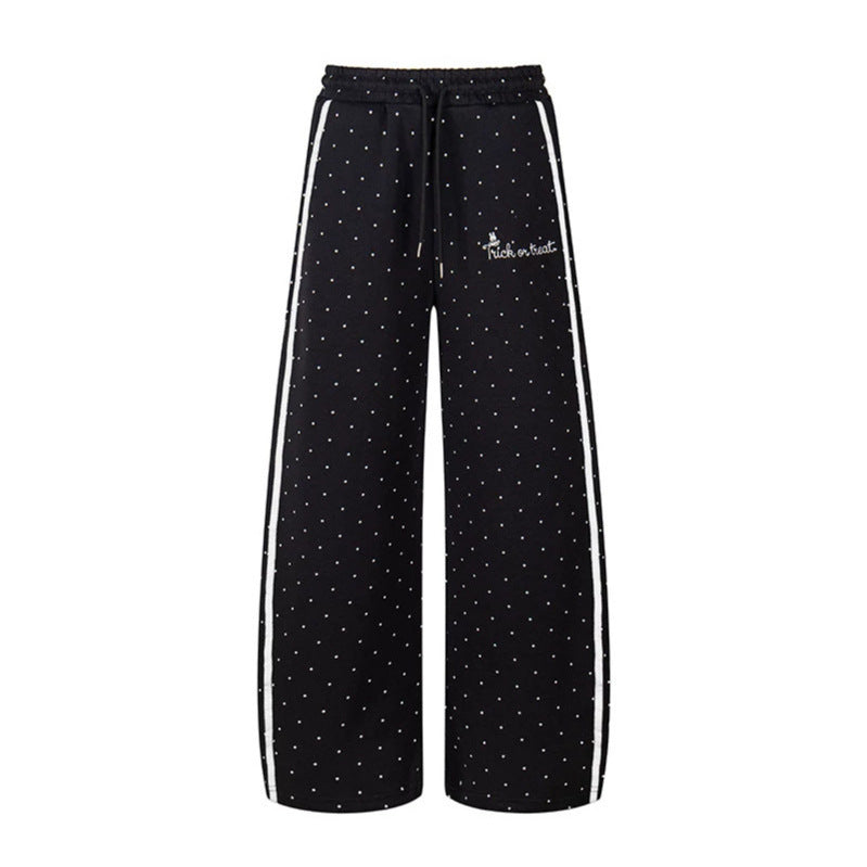 Women's Extra Wide Palazzo Sweatpants in Polka Dot Design with Elastic Comfort Waistband and Side Contrast Stripes Mune Fashion