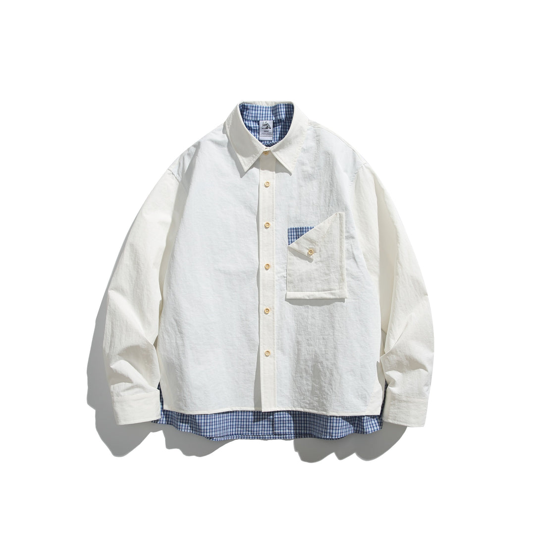 Men's Boxy Overshirt in Layer Look with checked inner lining, breast pocket and wooden buttons Mune Fashion