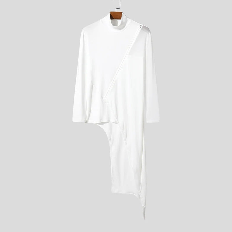 Ladies avant-garde long shirt with diagonal zipper, stand-up collar and irregular pointed hem Mune Fashion