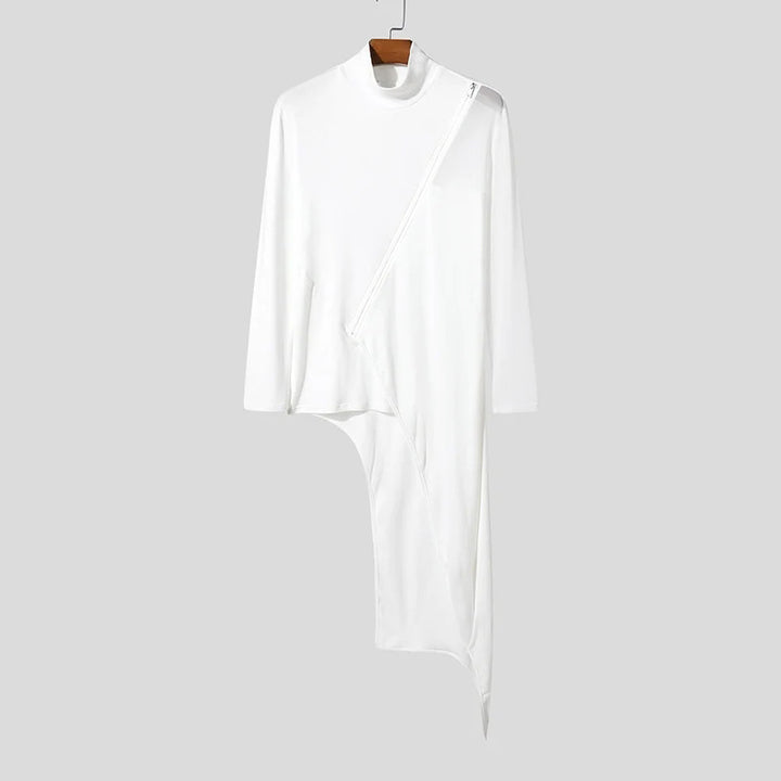 Ladies avant-garde long shirt with diagonal zipper, stand-up collar and irregular pointed hem Mune Fashion