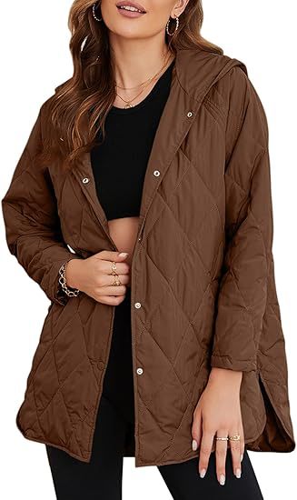 Women's quilted hooded jacket with snap button placket, side slits, and medium length Mune Fashion