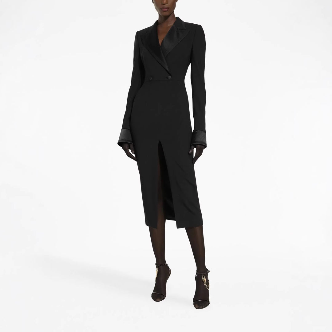 Women's Tailored Blazer Dress in Long Cut with Satin Lapels and Front Slit Mune Fashion