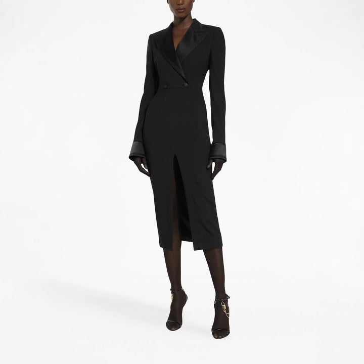 Women's Tailored Blazer Dress in Long Cut with Satin Lapels and Front Slit Mune Fashion