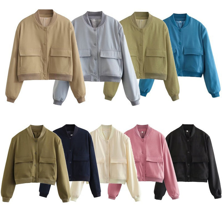 Women's short bomber jacket with snap button front, applied flap pockets and ribbed hem Mune Fashion