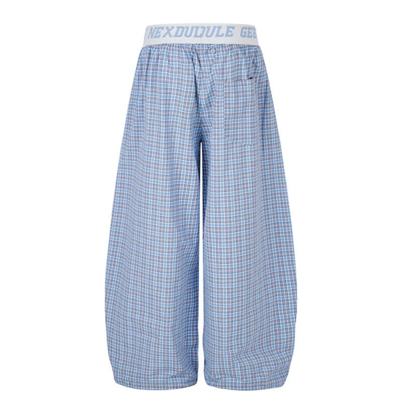 Women's Wide Checkered Lounge Pants with Elastic Logo Waistband and Drawstring Hem Mune Fashion