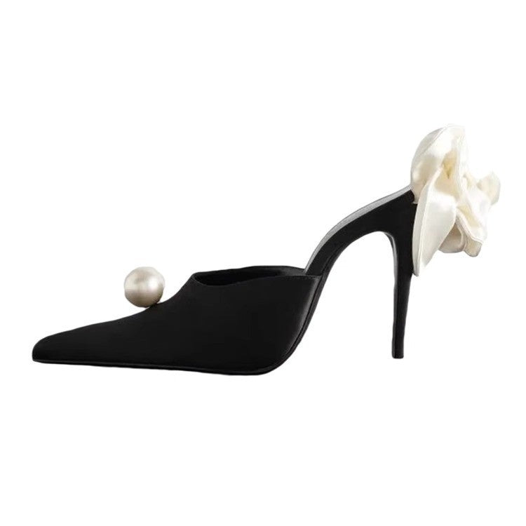 Women's pointed toe mules with decorative pearl, ruffled heel strap, and lace-up strap Mune Fashion
