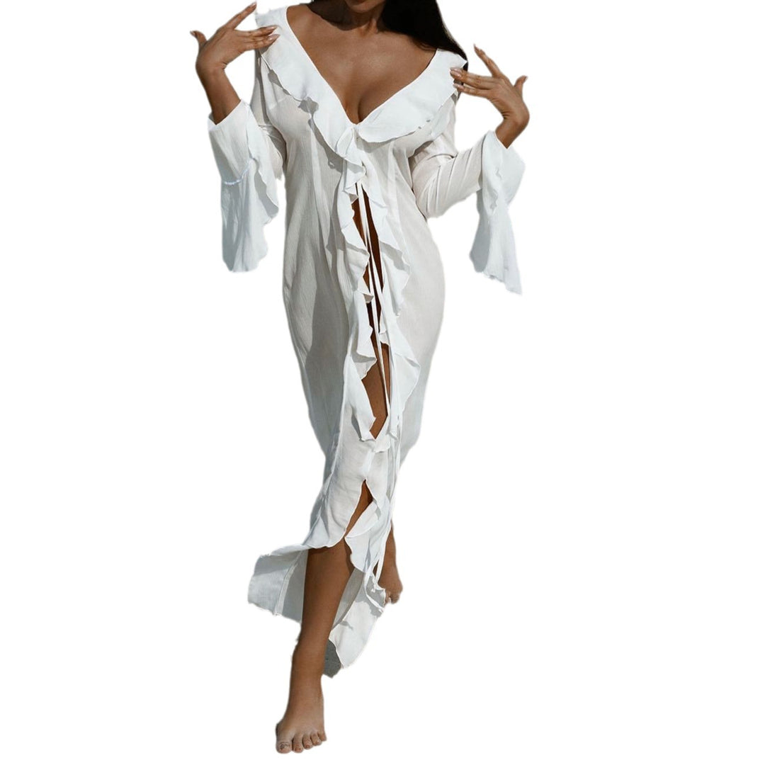 Women elegant beach dress with ruffles and deep slit Mune Fashion