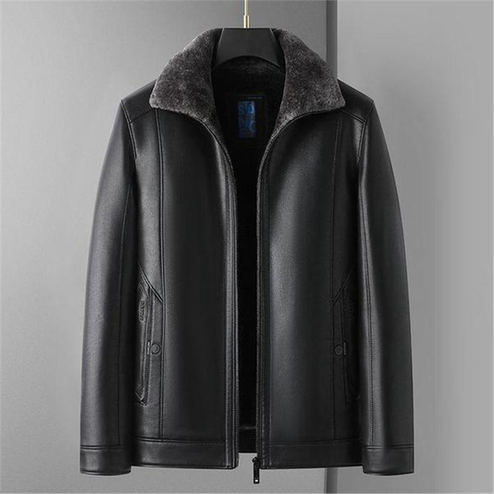 Men's Sheepskin Lined Genuine Leather Jacket with Thermal Lining and Stand-Up Collar Mune Fashion