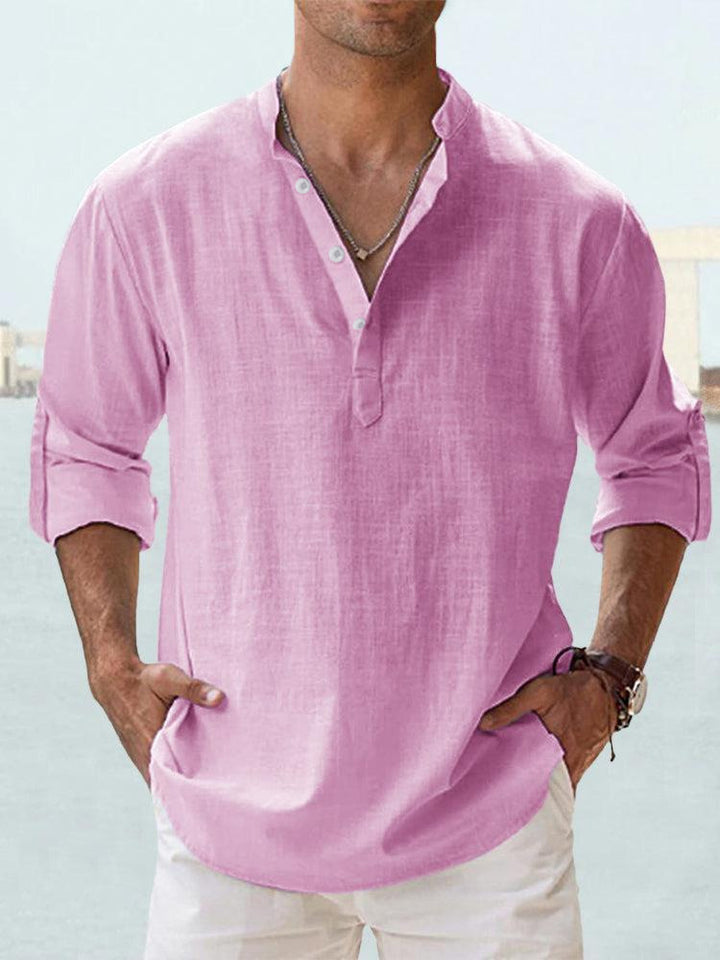 Men's nan casual linen henley shirt with stand-up collar, roll-up sleeves, and rounded hem Mune Fashion