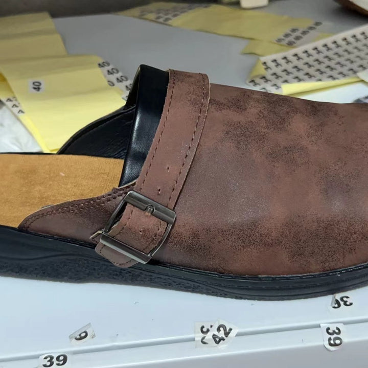 Men's Leather Mule Clog with adjustable buckle strap and padded comfort footbed Mune Fashion