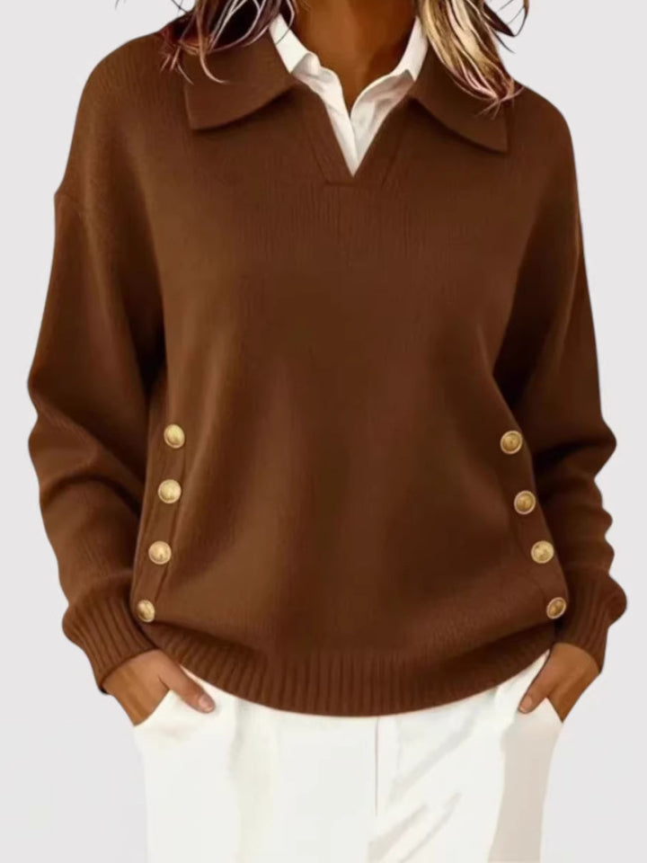 Women's Stylish Knitted Sweater with Collar and Button Details