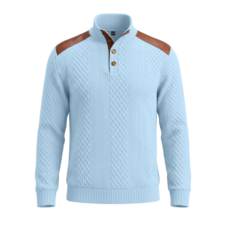 Men's pullover with stand-up collar, cable pattern and contrasting leather applications Mune Fashion