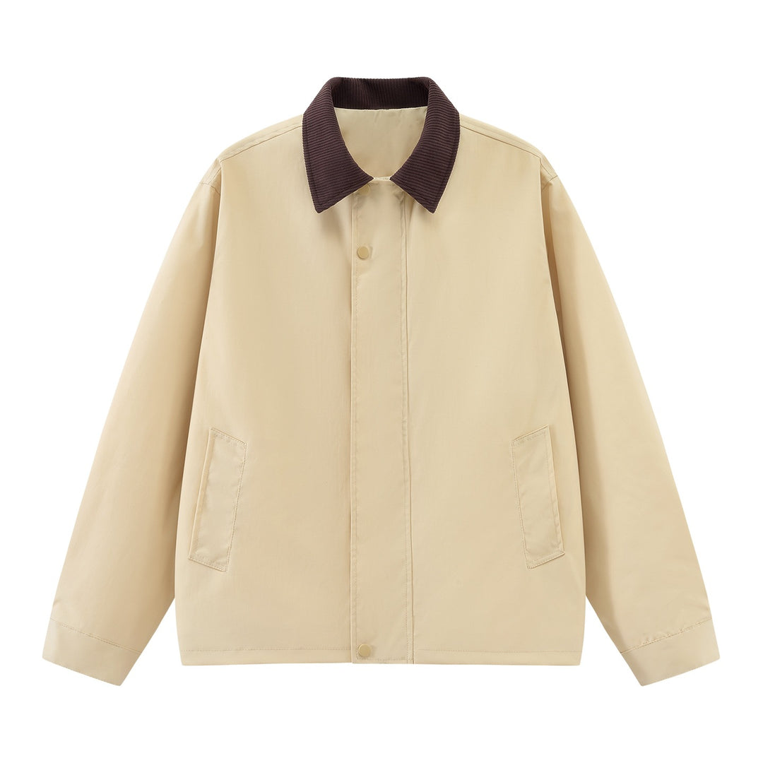 Men's loosely cut transitional jacket with cord collar, concealed snap button placket & side pockets Mune Fashion