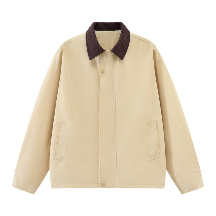 Men's loosely cut transitional jacket with cord collar, concealed snap button placket & side pockets Mune Fashion