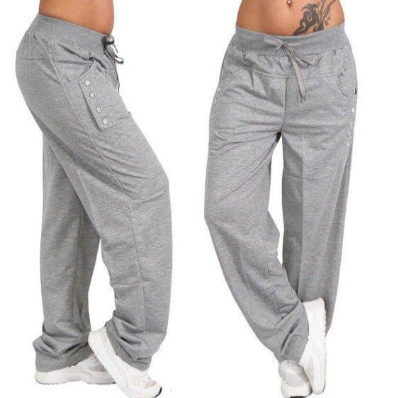 Women's wide leisure harem pants with drawstring and decorative button plackets Mune Fashion