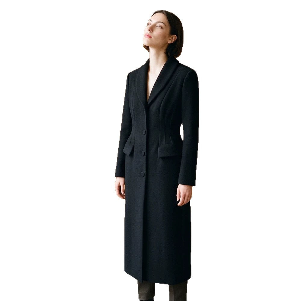 Women Tailored Long Coat with Shawl Collar and Shaping Dart Mune Fashion