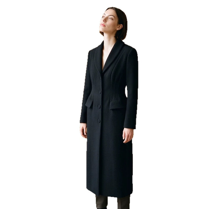 Women Tailored Long Coat with Shawl Collar and Shaping Dart Mune Fashion
