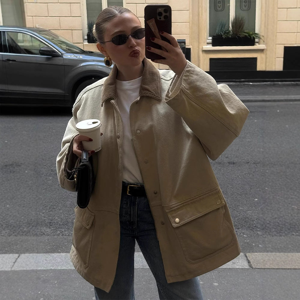 Women's Oversized Field Jacket with Cord Collar, Large Flap Pockets and Snap Button Closure Mune Fashion