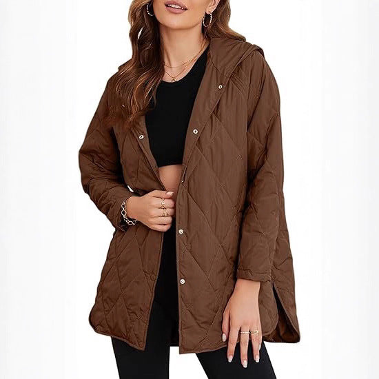 Women's quilted hooded jacket with snap button placket, side slits, and medium length Mune Fashion