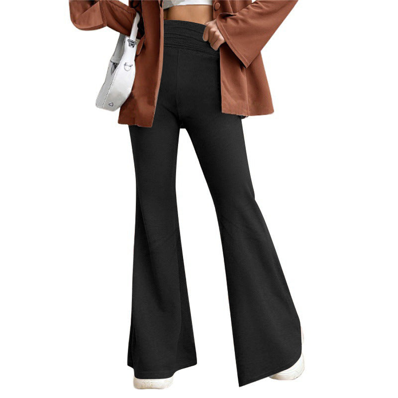 Women's High-Waist Flared Trousers with Wide Leg and Elastic Comfort Waistband Mune Fashion