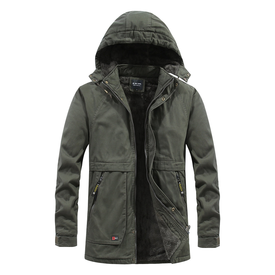 Men's Thermal Long Parka in Field Style with Warming Plush Inner Side and Concealed Front Mune Fashion