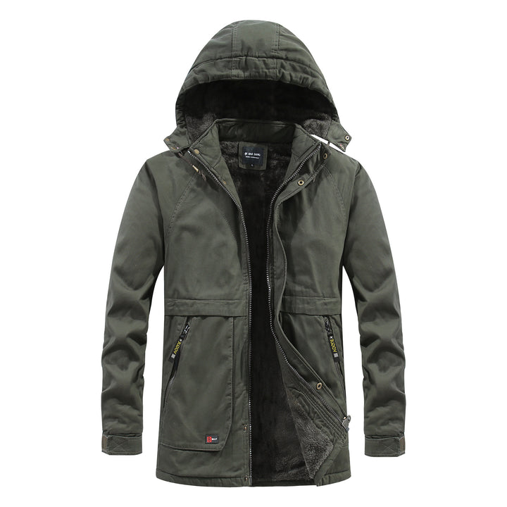 Men's Thermal Long Parka in Field Style with Warming Plush Inner Side and Concealed Front Mune Fashion