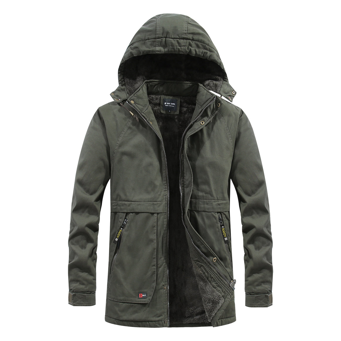Men's Long Parka in Field Look with Luxurious Faux Fur Lining and Concealed Snap Button Zip Front Mune Fashion