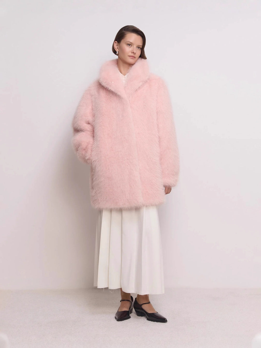 Women's Mid-length fluffy teddy faux fur coat with standing shawl collar Mune Fashion
