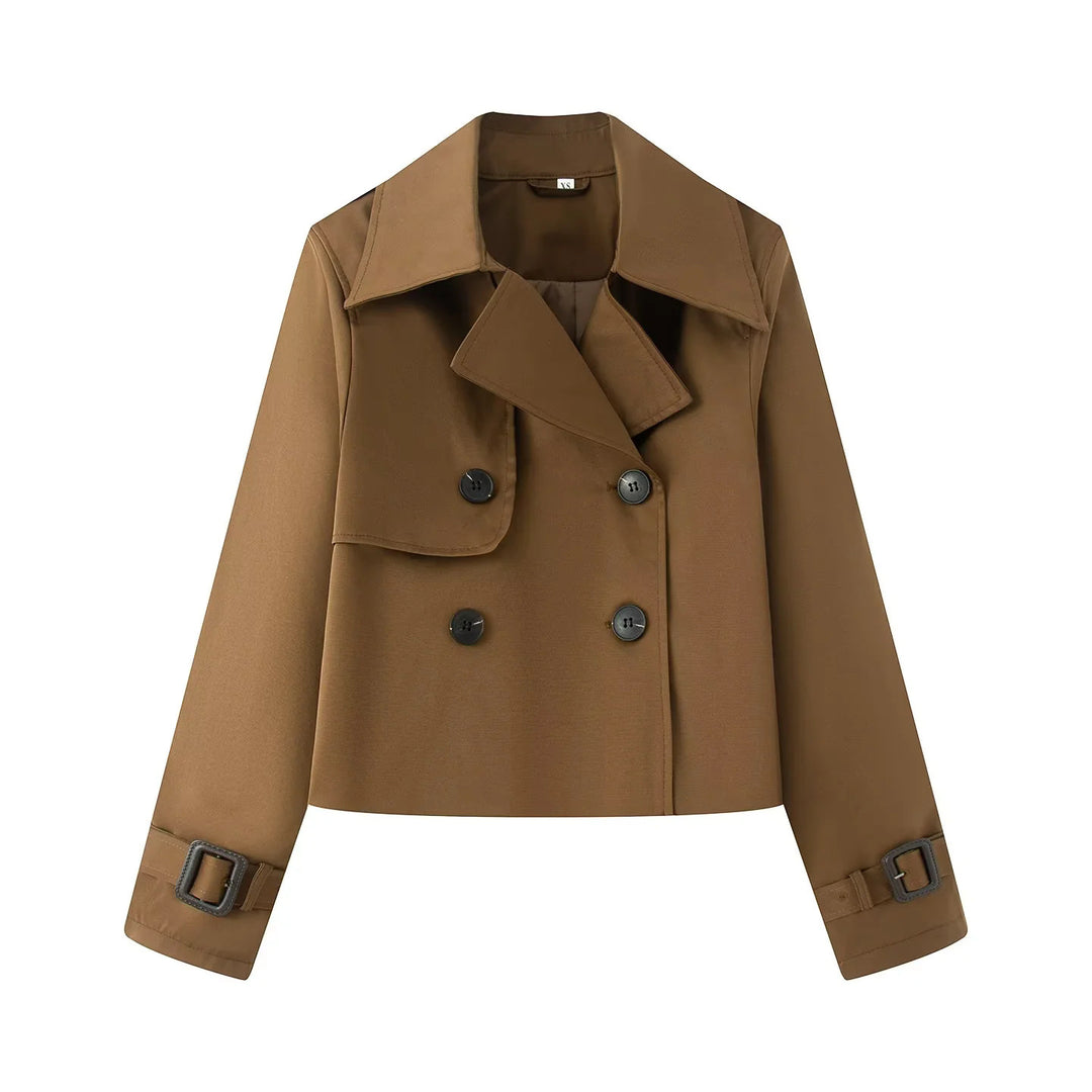 Women's short cropped trench coat with double-breasted button placket and adjustable sleeve straps Mune Fashion