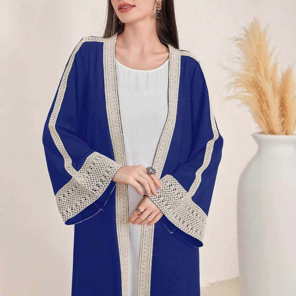 Ladies Long Open-Front Kaftan Coat with Crochet Lace Trim Mune Fashion
