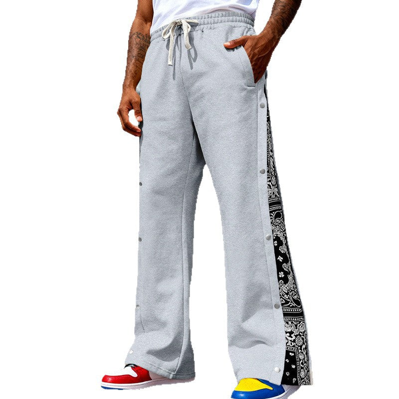Men's Loose Snap-Track Pants with Drawstring, Side Bandana Trim and Snap Closure Mune Fashion