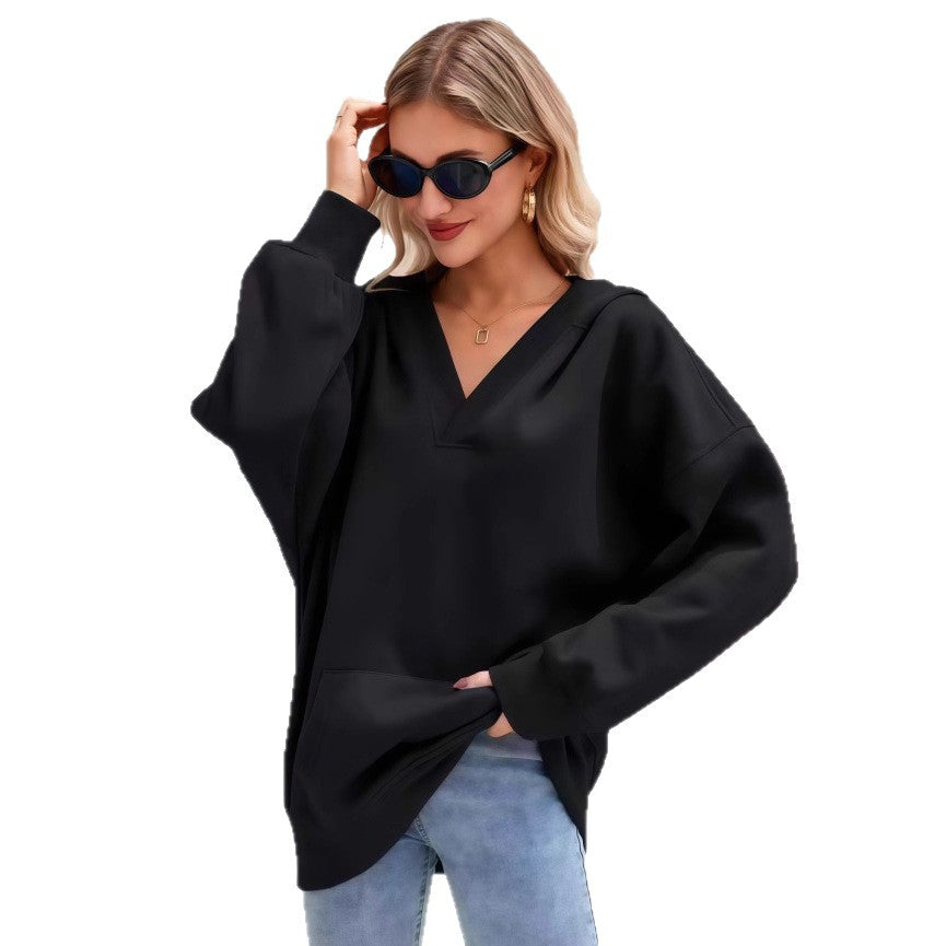 Women's Oversized V-Neck Hoodie with Hood, Kangaroo Pocket and Extended Hem Mune Fashion