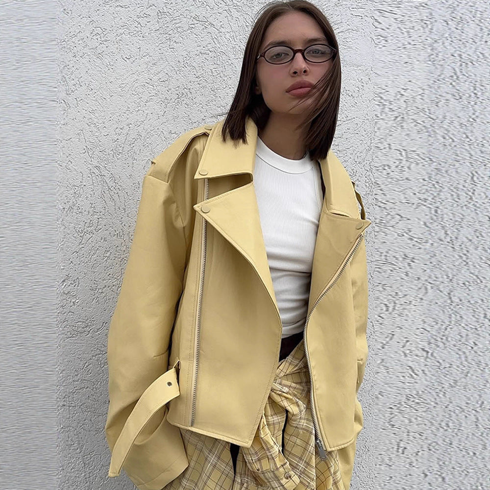 Women Oversized Biker Jacket made of vegan leather imitation with large lapels and waist belt Mune Fashion