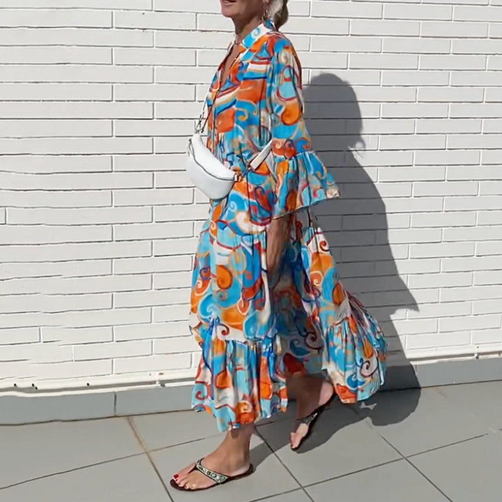 Women's airy maxi dress with watercolor print, V-neck, half button placket and tiered skirt Mune Fashion