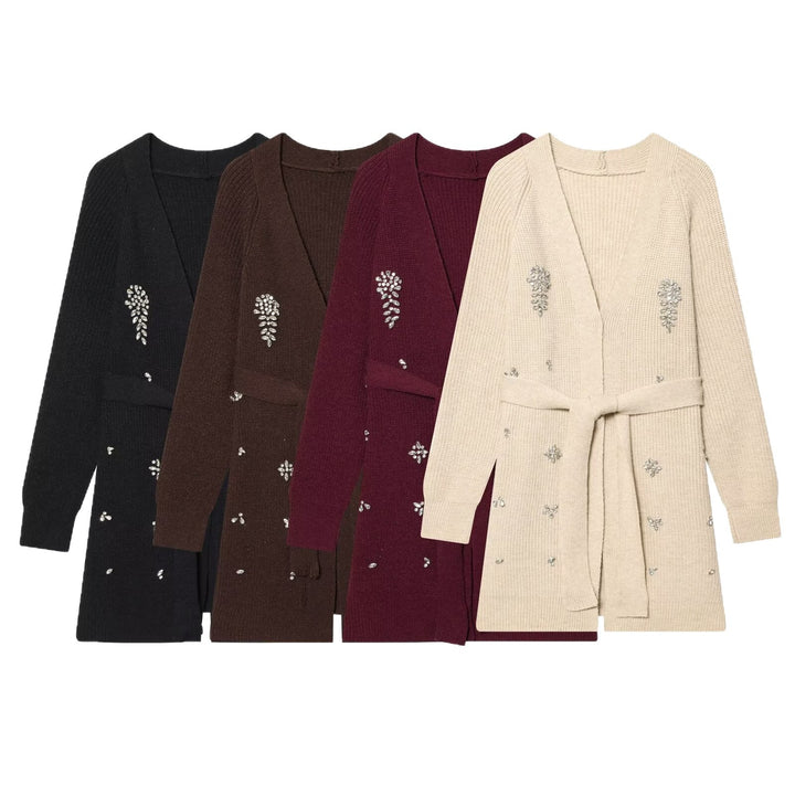 Women's Long Cardigan with Tie Belt and Gemstone Application Mune Fashion