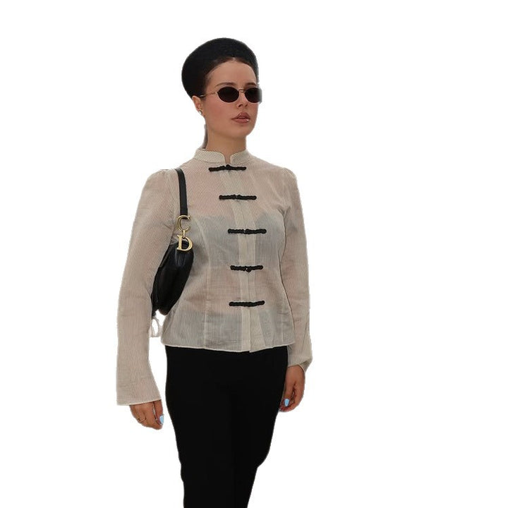 Women Chinese-inspired cord jacket with stand-up collar, frog closures & waist belt Mune Fashion