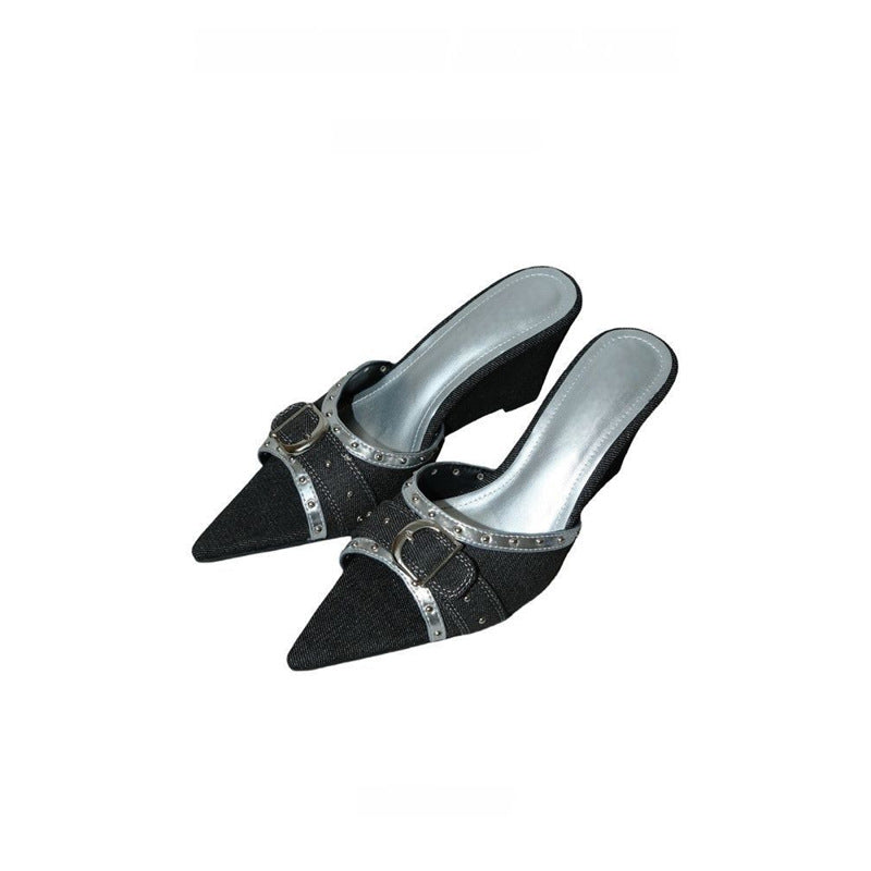 Women's pointed toe mule sandals with low wedge heel and decorated buckle strap Mune Fashion