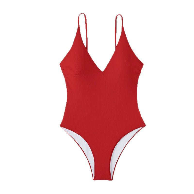 Women's One-Piece Swimsuit with Deep V-Neck and Fine Ribbed Pattern Mune Fashion
