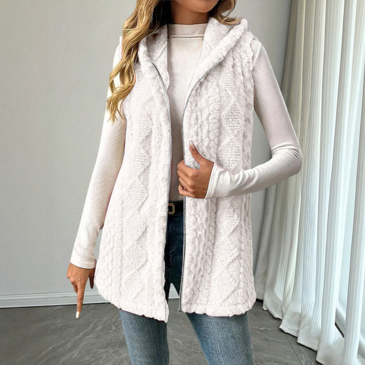 Women's Hooded Teddy Vest with Zipper and Structured Knit Look Mune Fashion