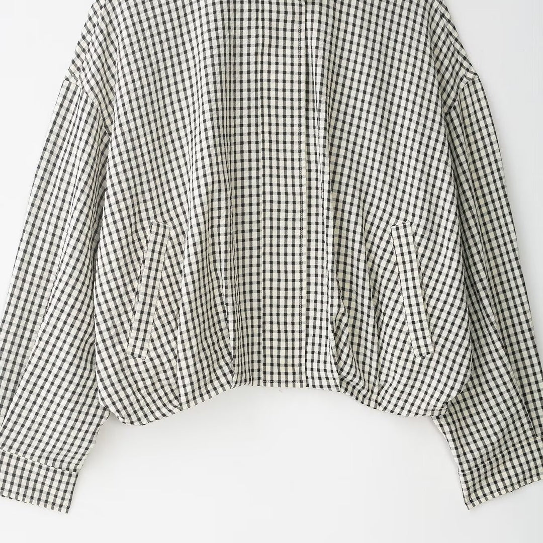 Women Checked Cropped Boxy Blouson with Stand Collar and Side Pockets Mune Fashion