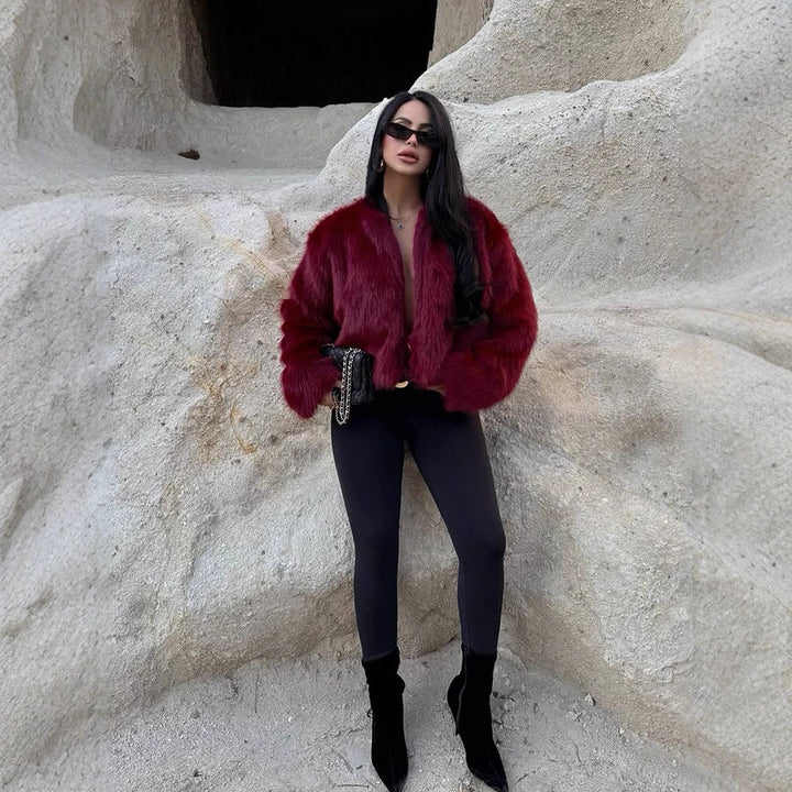 Women's short-cut boxy faux fur bomber with voluminous shawl collar Mune Fashion
