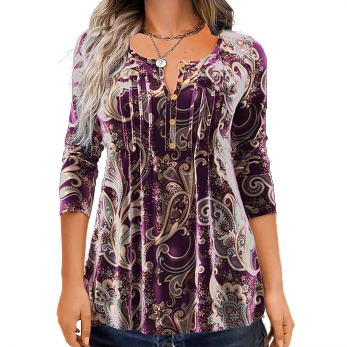 Women Paisley Tunic with 3/4 Sleeves, Pleats and Button Placket Mune Fashion