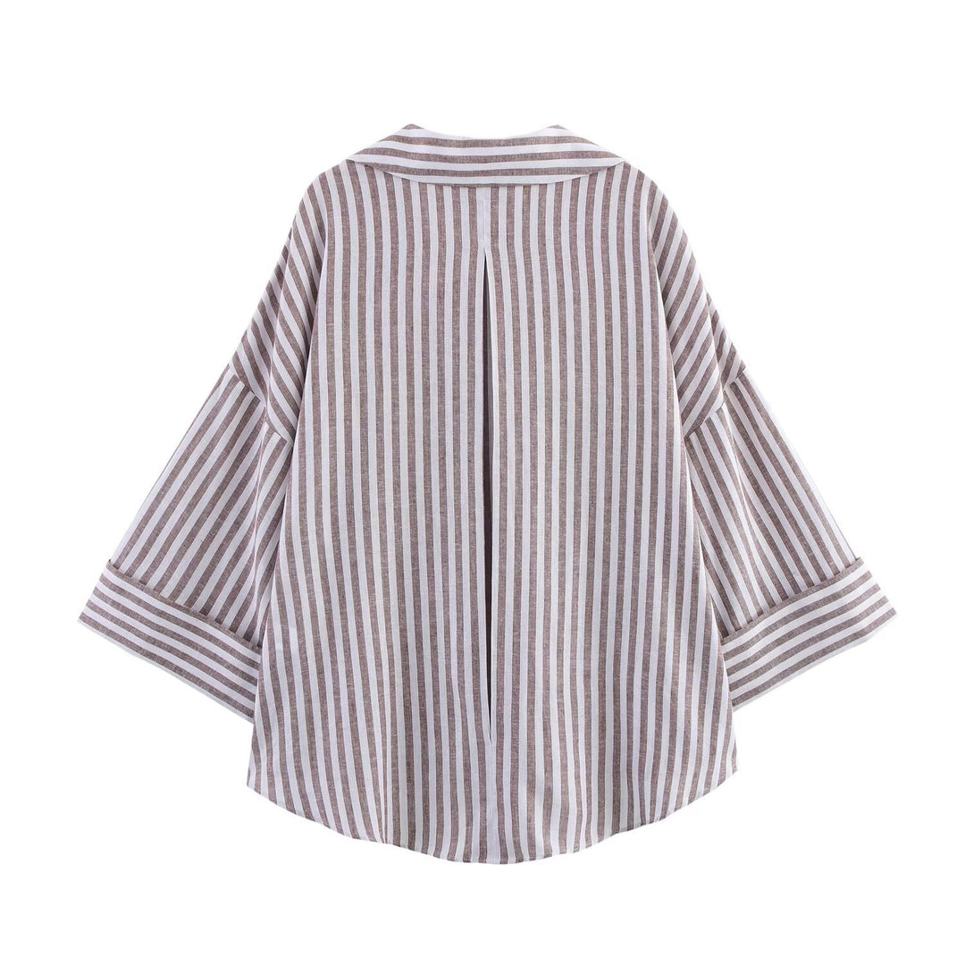 Women Oversize Shirt Blouse with Vertical Stripe Pattern and Extended Back Mune Fashion