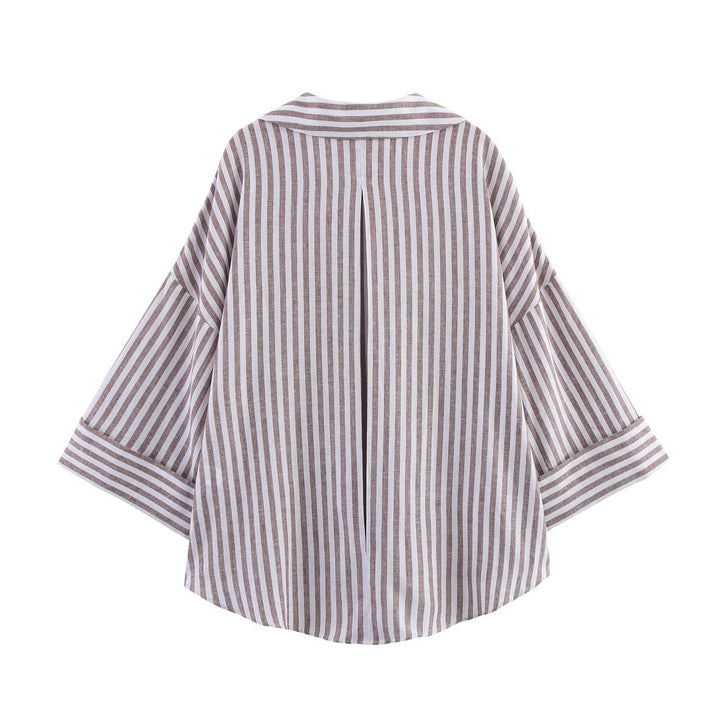Women Oversize Shirt Blouse with Vertical Stripe Pattern and Extended Back Mune Fashion