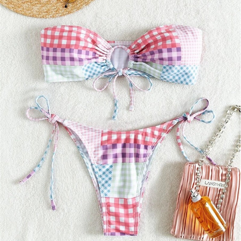 Ladies bikini set with playful check pattern and adjustable ties Mune Fashion