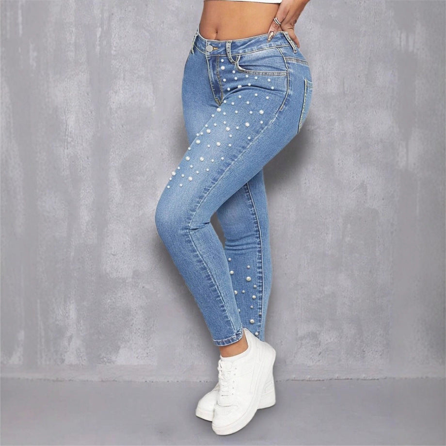 Women High-Waist Skinny Jeans with Pearl Application Mune Fashion