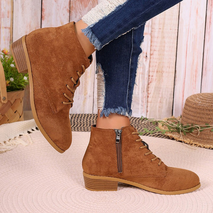 Women’s pointed lace-up ankle boots with side zipper and low block heel Mune Fashion