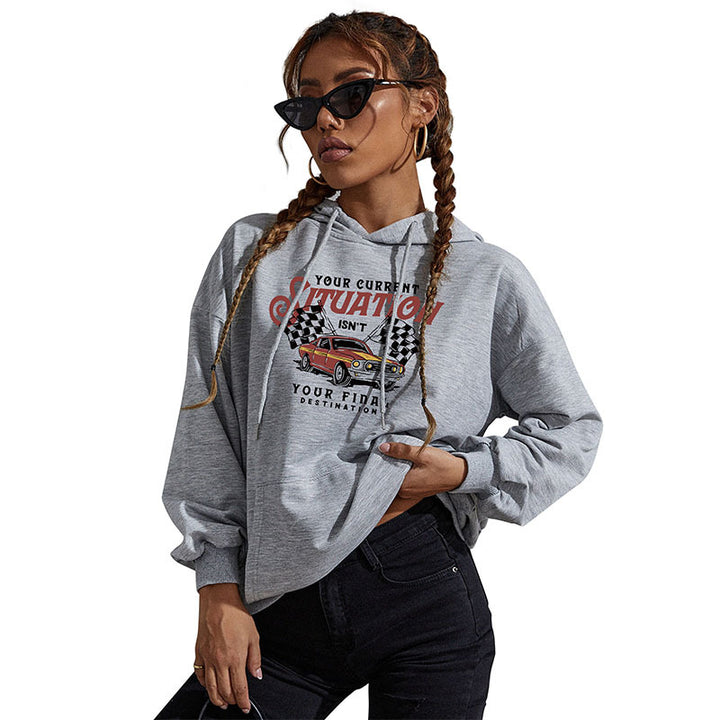 Women's Oversize Hoodie with Vintage Racer Print, Kangaroo Pocket and Ribbed Hem Mune Fashion