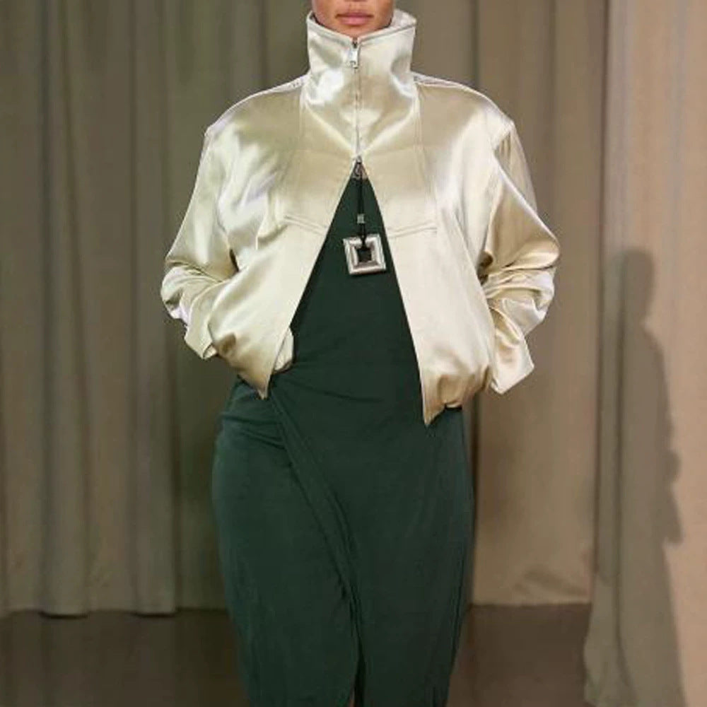 Women's Oversized Satin Bomber Jacket with High Standing Collar, Half Zipper and Elastic Hem
